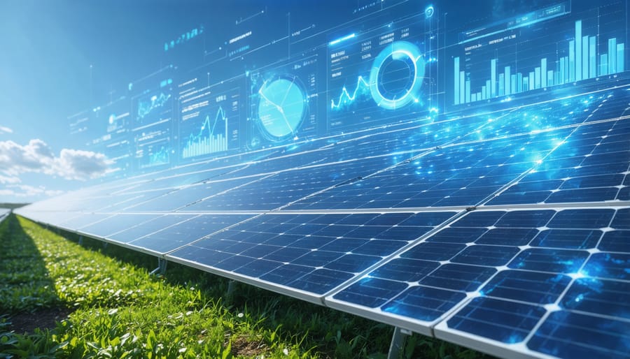 A futuristic visualization of a solar panel field with digital overlays showing real-time analytics, graphs, and key performance metrics, symbolizing advanced solar technology and optimization.