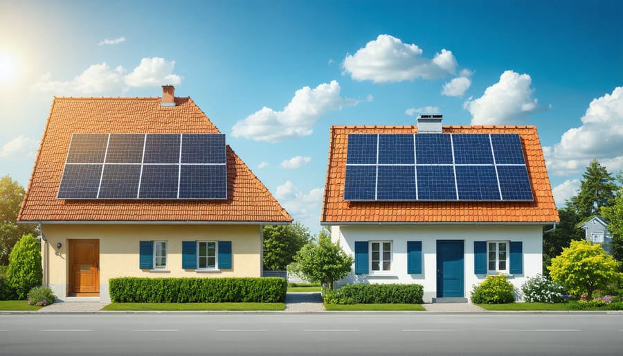 Illustration of a house roof transitioning from traditional shingles to modern solar panels, representing the shift to sustainable energy in European homes.