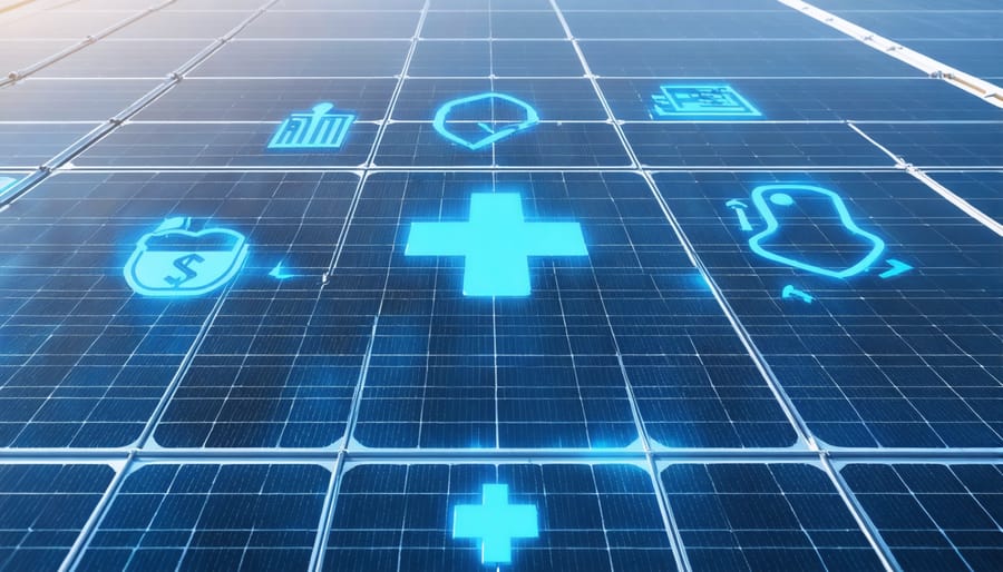 Conceptual illustration of solar panel installation with safety gear and medical symbols, representing the fusion of health insurance and risk management in the solar energy sector.