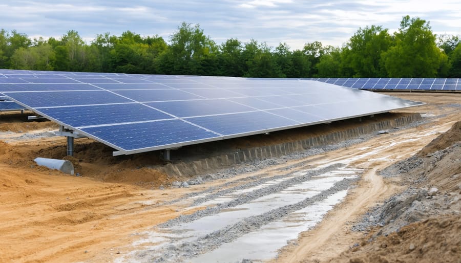 Construction workers conducting site preparation and foundation work for solar ground mounts