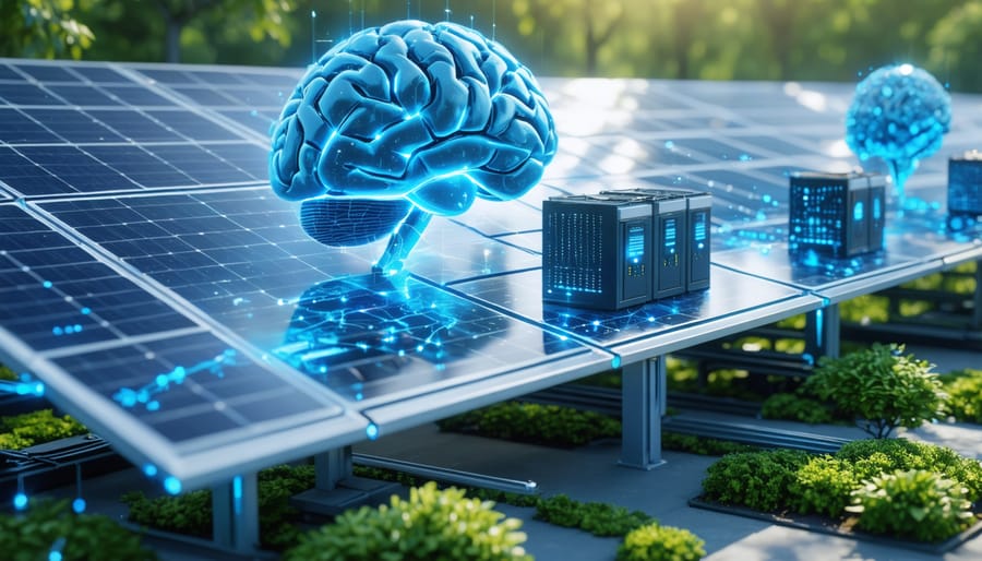 A futuristic solar energy storage system integrated with advanced AI analytics, featuring digital representations of neural networks and efficient energy flow between solar panels and batteries.