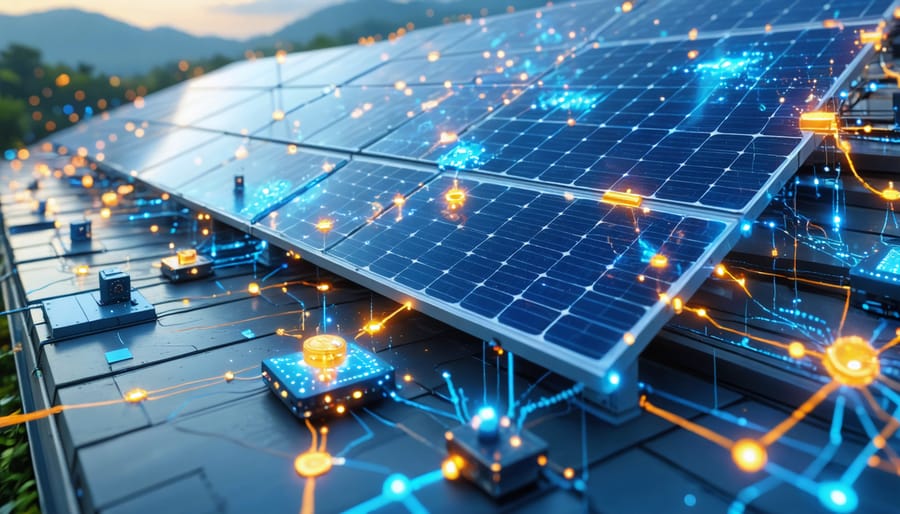 Illustration depicting smart grid technology integration with solar panels, featuring dynamic data flow between solar arrays, smart meters, and control systems in a digital energy network.