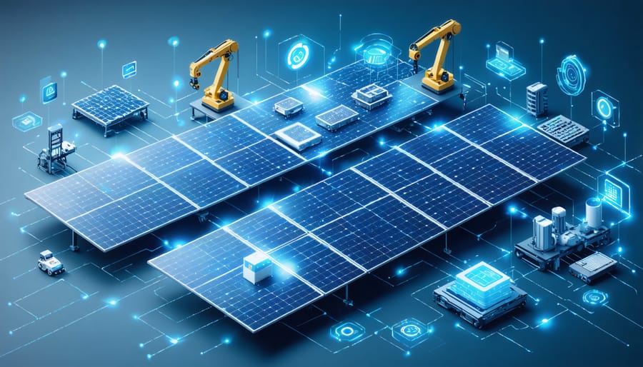 A futuristic depiction of the solar panel supply chain featuring high-grade silicon wafers, automation in manufacturing, and smart logistics with real-time monitoring systems, symbolizing enhanced solar panel performance.