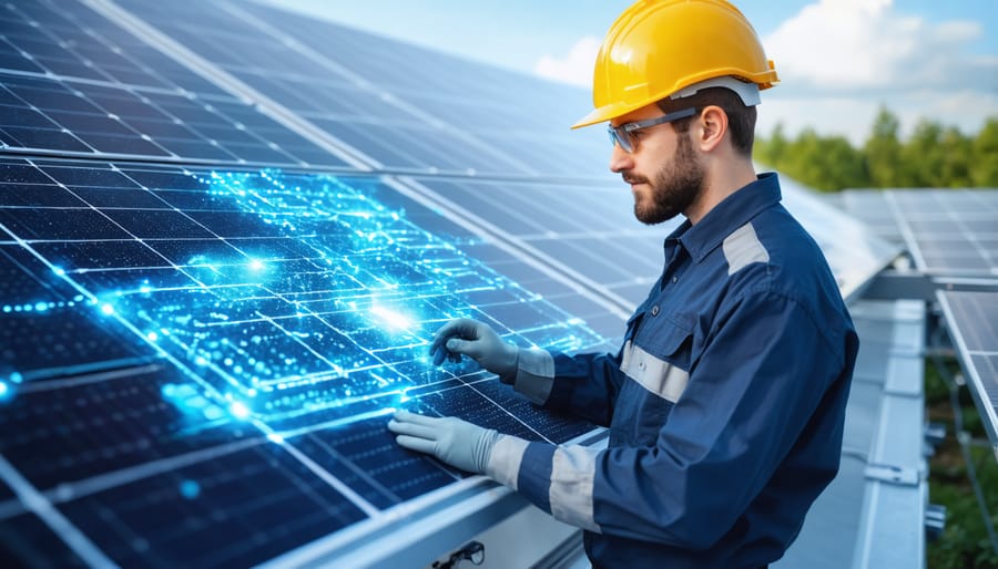 Professional technician using tablet to monitor solar battery storage system performance