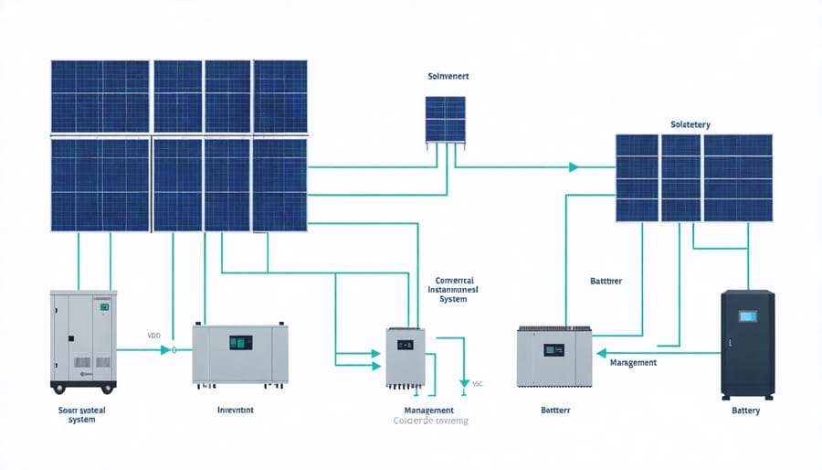 Technical diagram illustrating components and connections of a commercial solar battery storage system