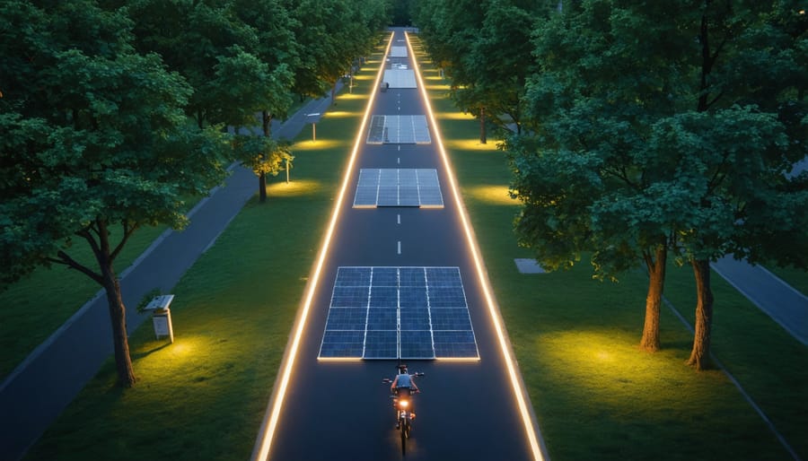 Illuminated solar-powered bike path with blue LED lights marking the edges, cyclists visible on the path