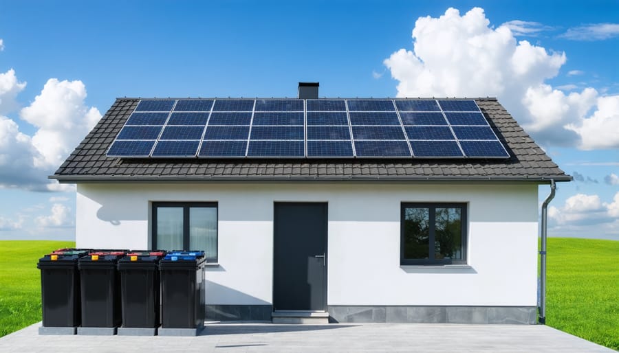 A modern home with a solar array on the roof, showcasing 6V solar batteries in series and parallel configurations for reliable energy storage, set against a partly cloudy sky.