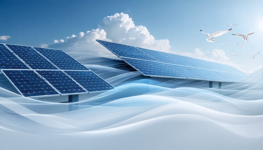 Conceptual illustration depicting solar panels, batteries, and energy lines showcasing the transition from solar power generation to reliable round-the-clock energy availability.