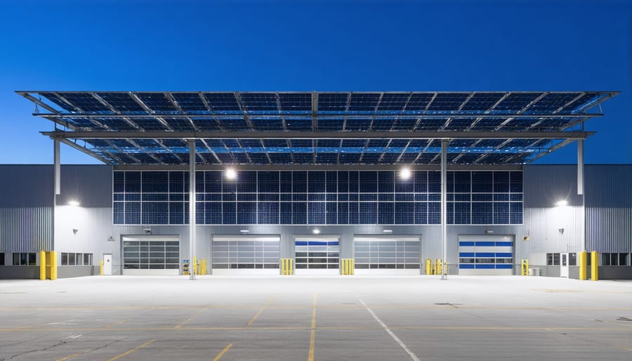 Exterior and interior view of an industrial warehouse featuring solar panels installed on the roof powering advanced LED lighting systems, representing sustainable energy solutions in industrial applications.