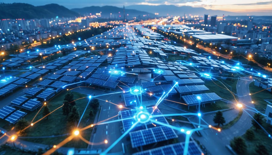 A conceptual visualization depicting the futuristic integration of solar technology and AI-driven smart grid systems in an urban setting, showcasing interconnected solar panels, energy pathways, and digital data flows representing clean energy innovation.