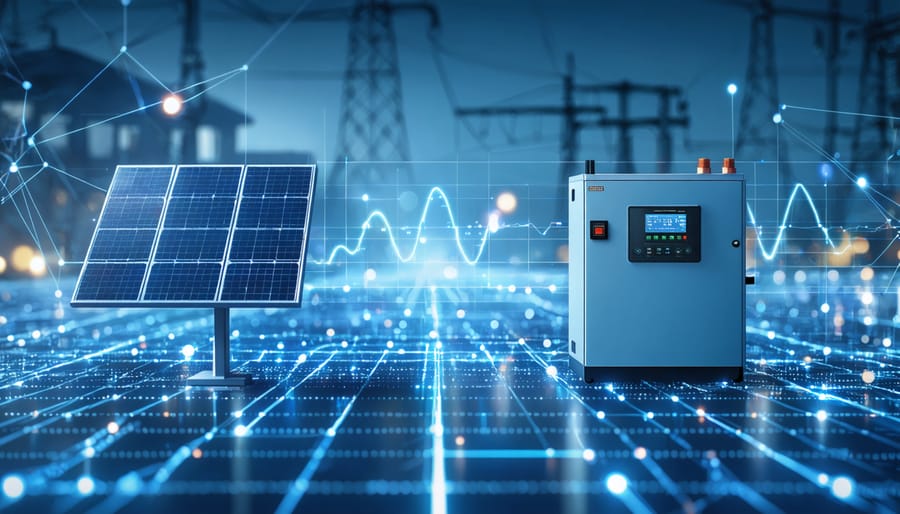 Conceptual illustration showing a solar inverter synchronizing with a power grid, featuring digital graphs and sine waves symbolizing frequency, voltage, and phase matching.