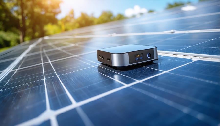 Close-up view of modern sensors and data collection equipment attached to solar panels
