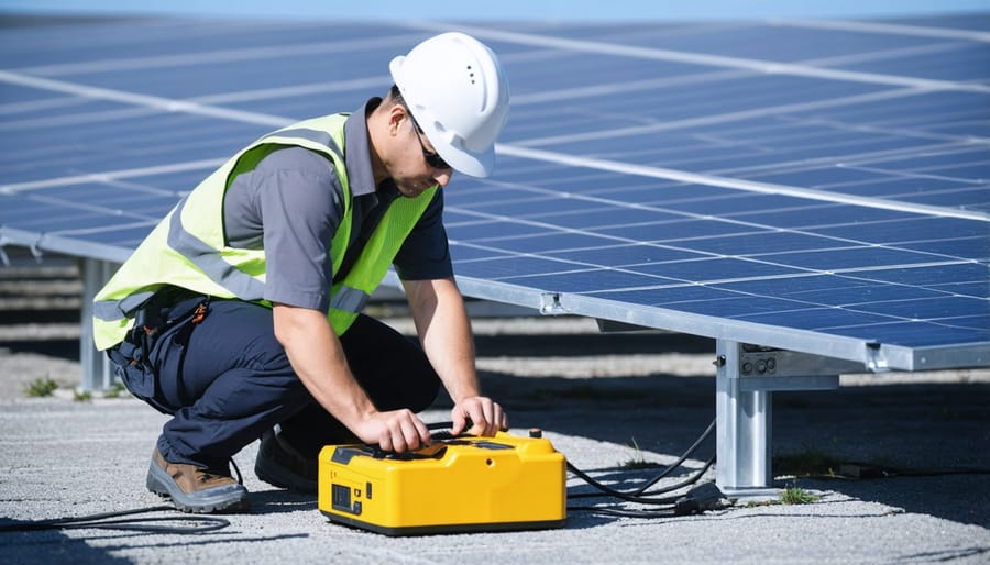 Solar technician performing maintenance inspection on ground-mounted solar panels