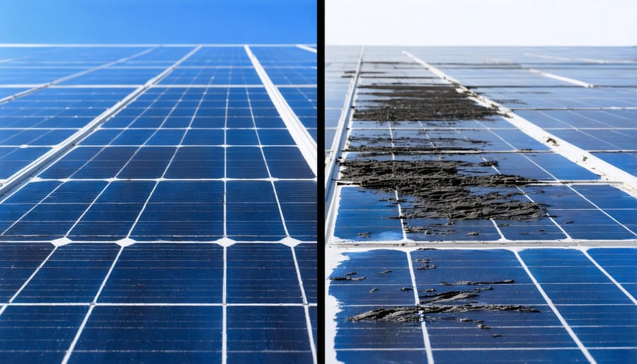 Side-by-side comparison of clean and dirty solar panels demonstrating impact on visibility