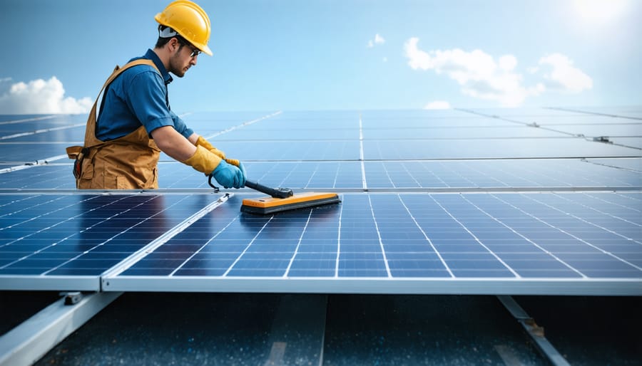 Step-by-step demonstration of safe solar panel cleaning process