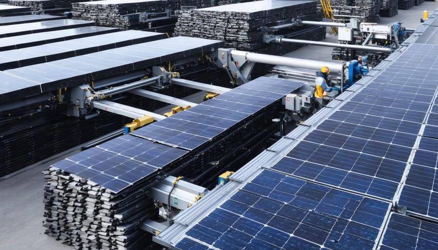 A busy solar panel recycling facility where advanced machinery sorts and processes used solar panels, recovering valuable materials like silicon and silver, embodying the circular economy.