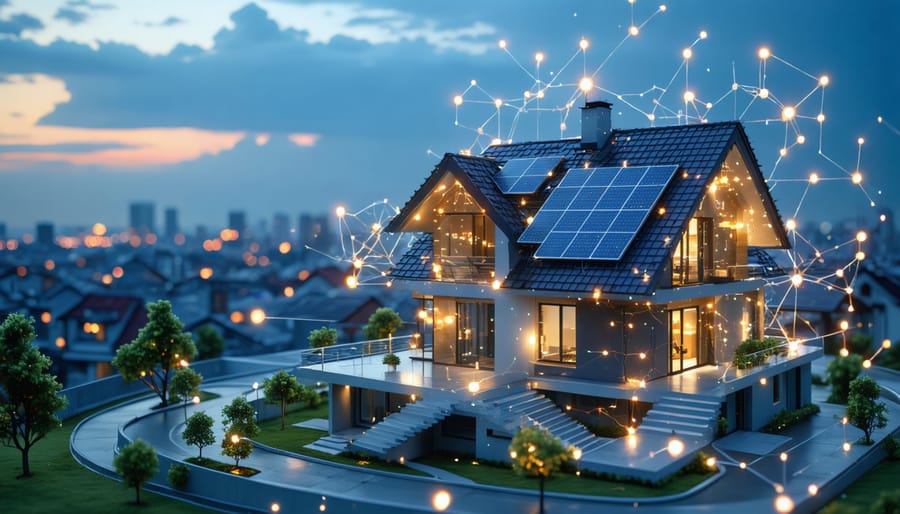 Conceptual illustration of a house with solar panels connected to a smart grid, showcasing the flow of energy and data within a renewable energy network.