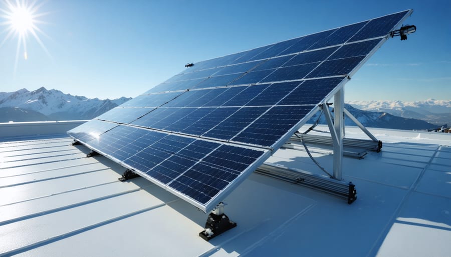 Illustration of solar panel installations featuring both fixed and adjustable tilt frames on a rooftop and ground setup, with panels adjusted at optimal angles to maximize sunlight exposure in a European setting.