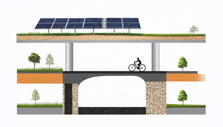 Technical diagram showing layers of a solar bike path including solar panels, protective coating, and base structure