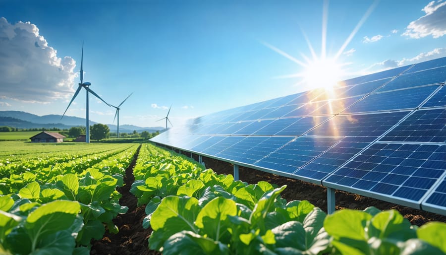 Illustration showing a European agricultural field with solar panels powering a water pump system, symbolizing sustainable water management through solar energy.