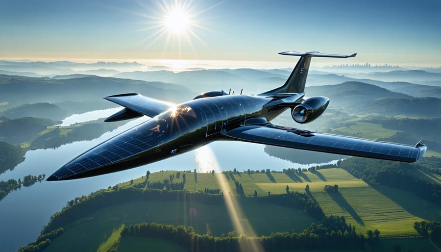Futuristic solar-powered aircraft flying through sunlight over European countryside with photovoltaic cells visible on wings, representing sustainable aviation innovation.