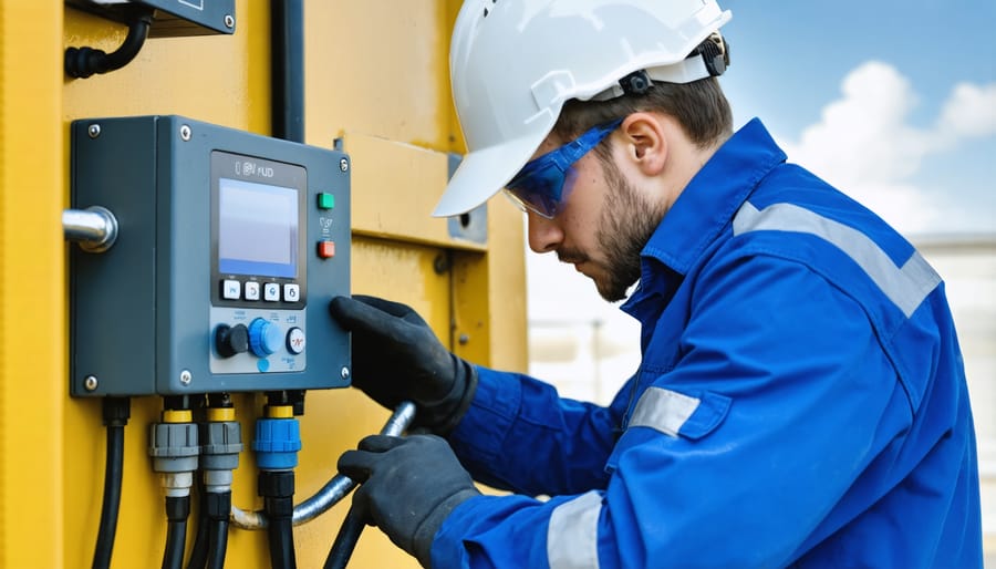 Maintenance worker inspecting and servicing a solar water pump installation