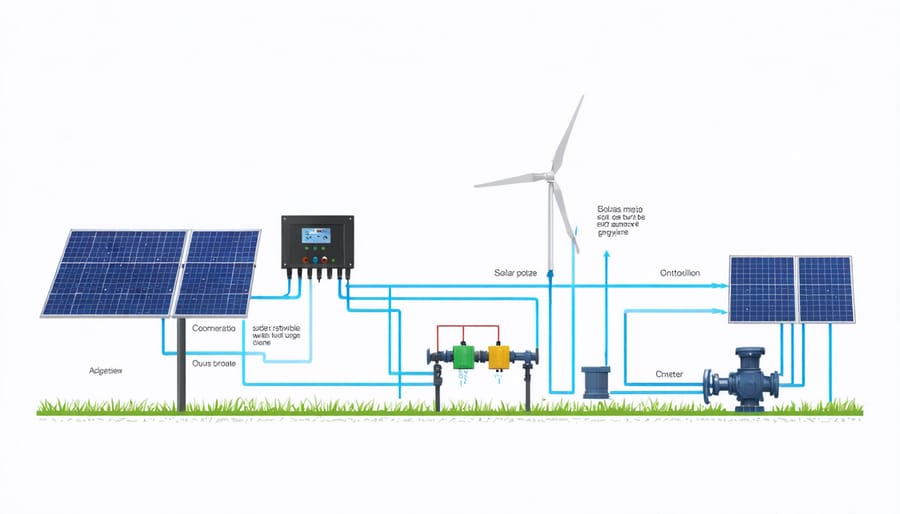 Technical diagram illustrating solar water pumping system components and connections