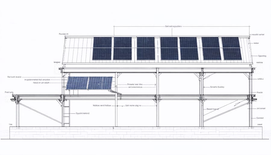 Cross-section diagram of solar panel installation showing mounting brackets, wiring, and roof structure