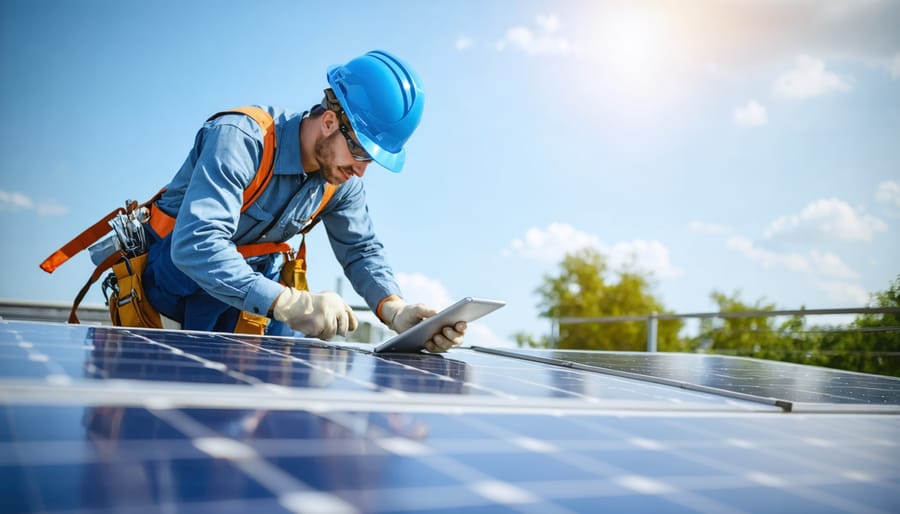 A professional technician performing maintenance on a rooftop solar panel array, wearing a safety harness and using a digital tablet for performance monitoring.