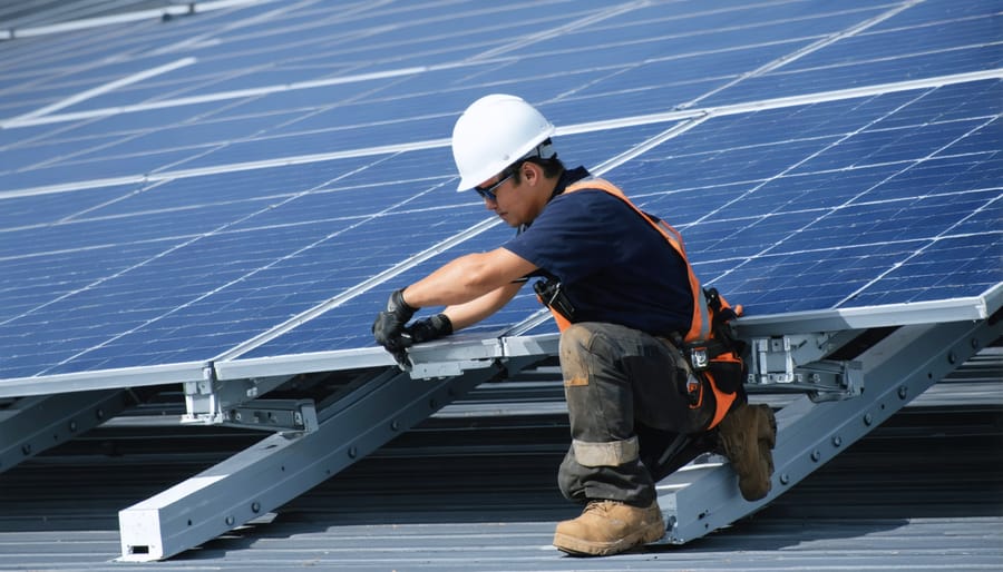 Solar technician securing panels to mounting frame on residential roof