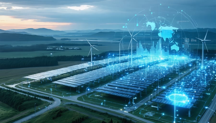 A conceptual representation of an advanced energy storage system set within a hybrid North American-European landscape. The image includes solar panels, wind turbines, and battery storage facilities with an overlay of climate data, symbolizing innovation and resilience against climate change.