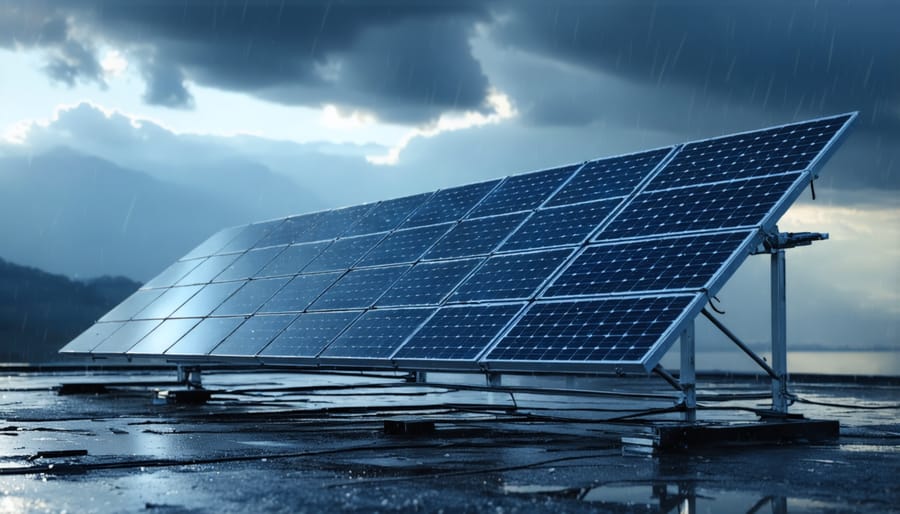 Solar panels securely mounted on a roof during stormy weather, demonstrating durability