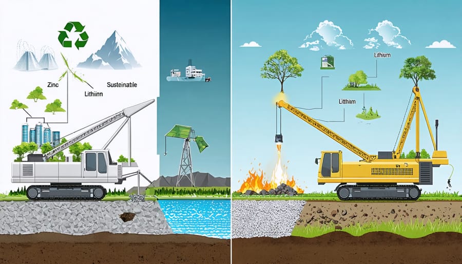 Split-view illustration comparing environmentally responsible zinc mining with traditional lithium extraction. The zinc mining side showcases a clean and harmonious environment, while the lithium side depicts disrupted landscapes with visible pollution elements.