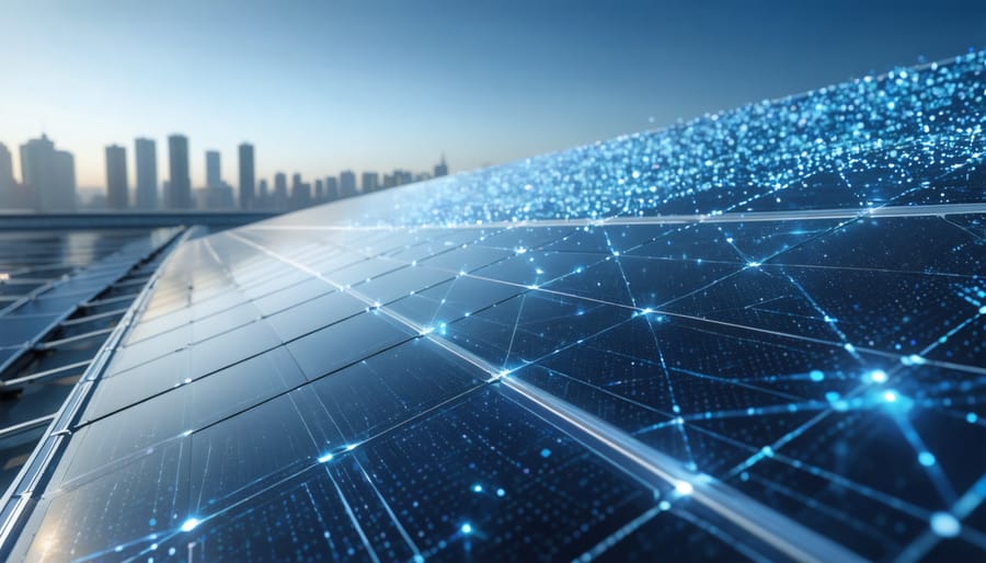 A high-tech solar panel with advanced nanostructures and IoT sensors in a European landscape, symbolizing technological breakthroughs in solar energy efficiency.
