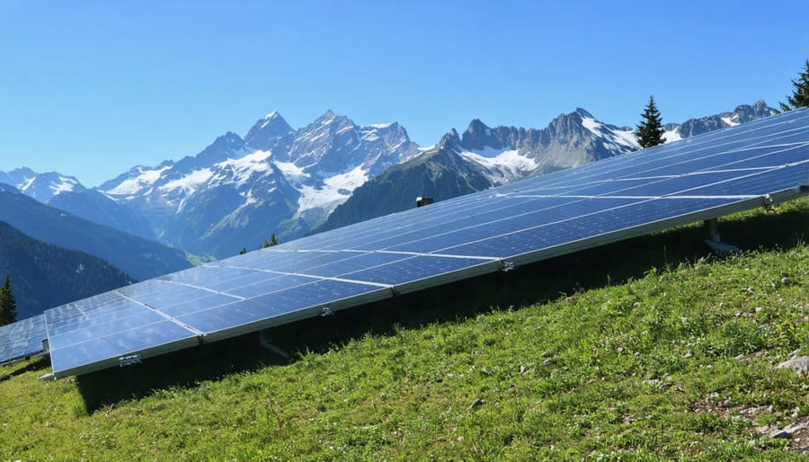 Alpine solar installation showing panels mounted on steep terrain with mountain backdrop
