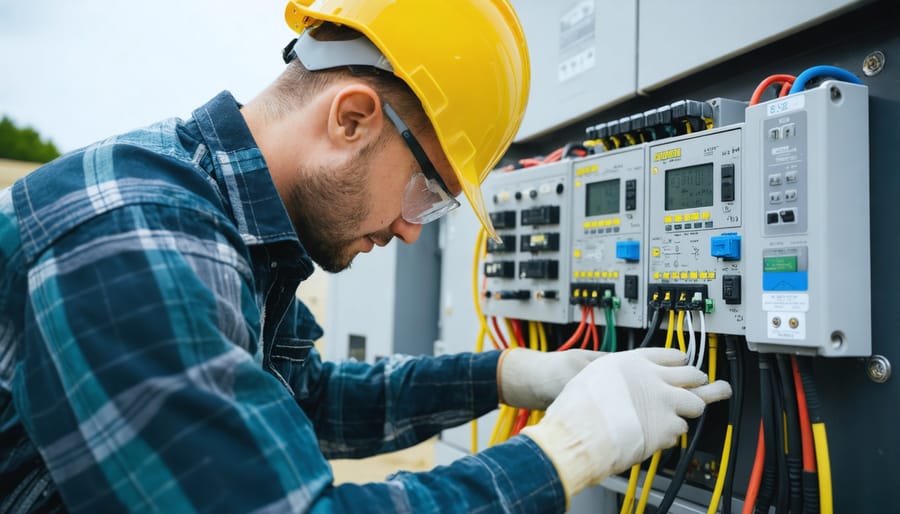 Professional technician checking battery conditions and performing maintenance tasks