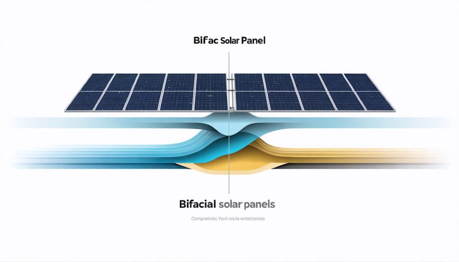 Technical diagram illustrating the various layers of a bifacial solar panel including glass, cells, and backsheet