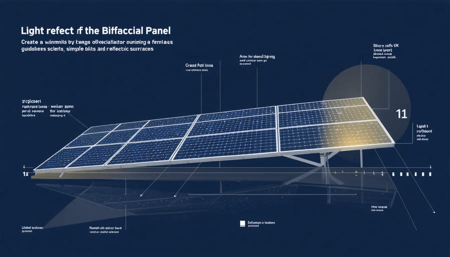 Cross-sectional diagram illustrating light reflection patterns in a bifacial solar panel system