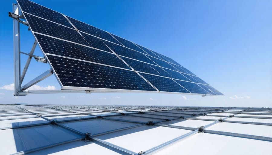 An array of bifacial solar panels elevated above reflective surfaces, demonstrating the innovative reflector technology that boosts energy yield by capturing additional sunlight.