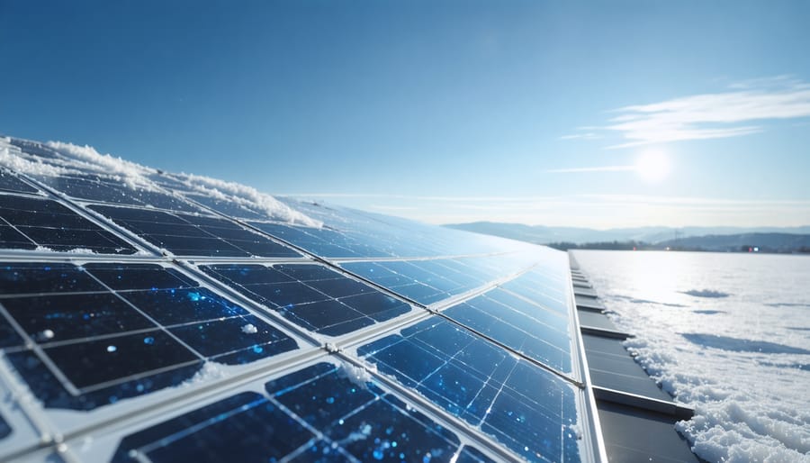 Conceptual illustration of a bifacial solar panel capturing sunlight from both sides, with reflected light from snow and light-colored surfaces, set against a European landscape.