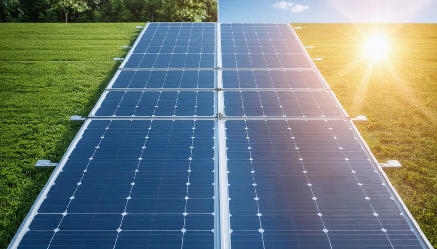 Side-by-side comparison of a standard solar panel and a transparent bifacial solar panel
