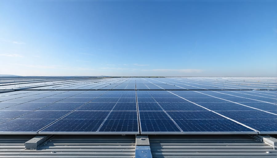 Aerial view of an industrial facility with thin-film solar panel array installation