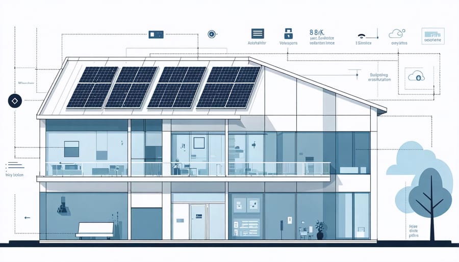 Infographic showing commercial building with solar panels and voice control integration points