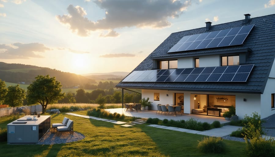 A modern off-grid home in a scenic European countryside, featuring solar panels and a visible battery storage setup, symbolizing energy independence and sustainability.
