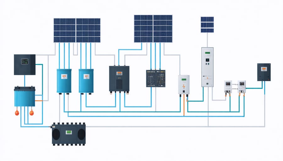 Technical illustration of energy storage system components and their interconnections