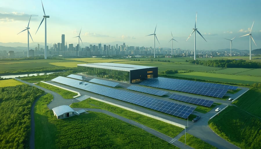A modern energy storage facility with solar panels and wind turbines, set against a European city skyline, symbolizing sustainable energy and climate resilience.