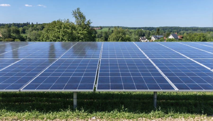 Aerial view of a commercial solar farm using bifacial panels with reflector technology
