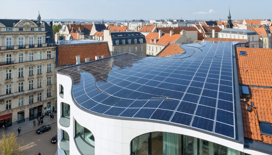 A modern European cityscape showcasing thin-film solar panels integrated into building facades, windows, and rooftop designs, highlighting the innovative use of renewable energy technology.