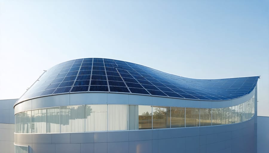 Installation of bendable thin-film solar panels on a modern curved architecture