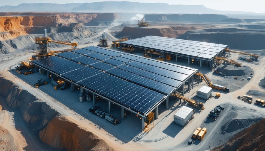 Conceptual depiction of a futuristic mining site with integrated solar panels and energy management technologies, illustrating the transformation towards sustainable energy practices in mining.